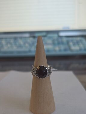 BP_"Pure In Heart "Rhodium Floral Band Ring with Smoky Amber Topaz Faceted Stone